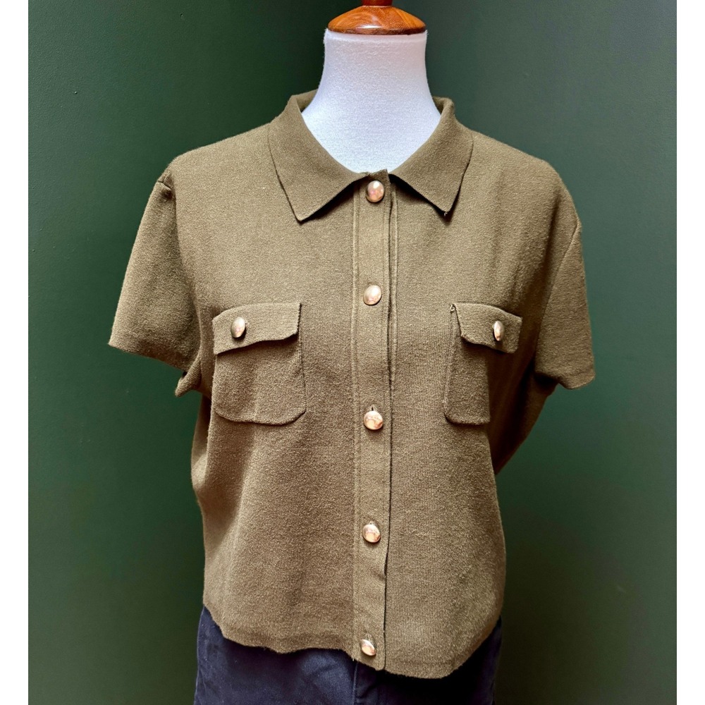 H&M Olive Green Short Sleeve Button Down Collared Shirt Women's XL